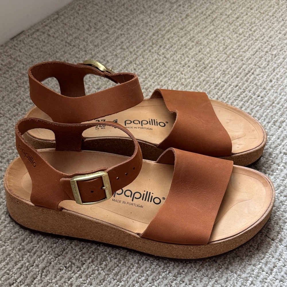 Papillio ' Tan Leather Ankle-Strap Cork Sandals